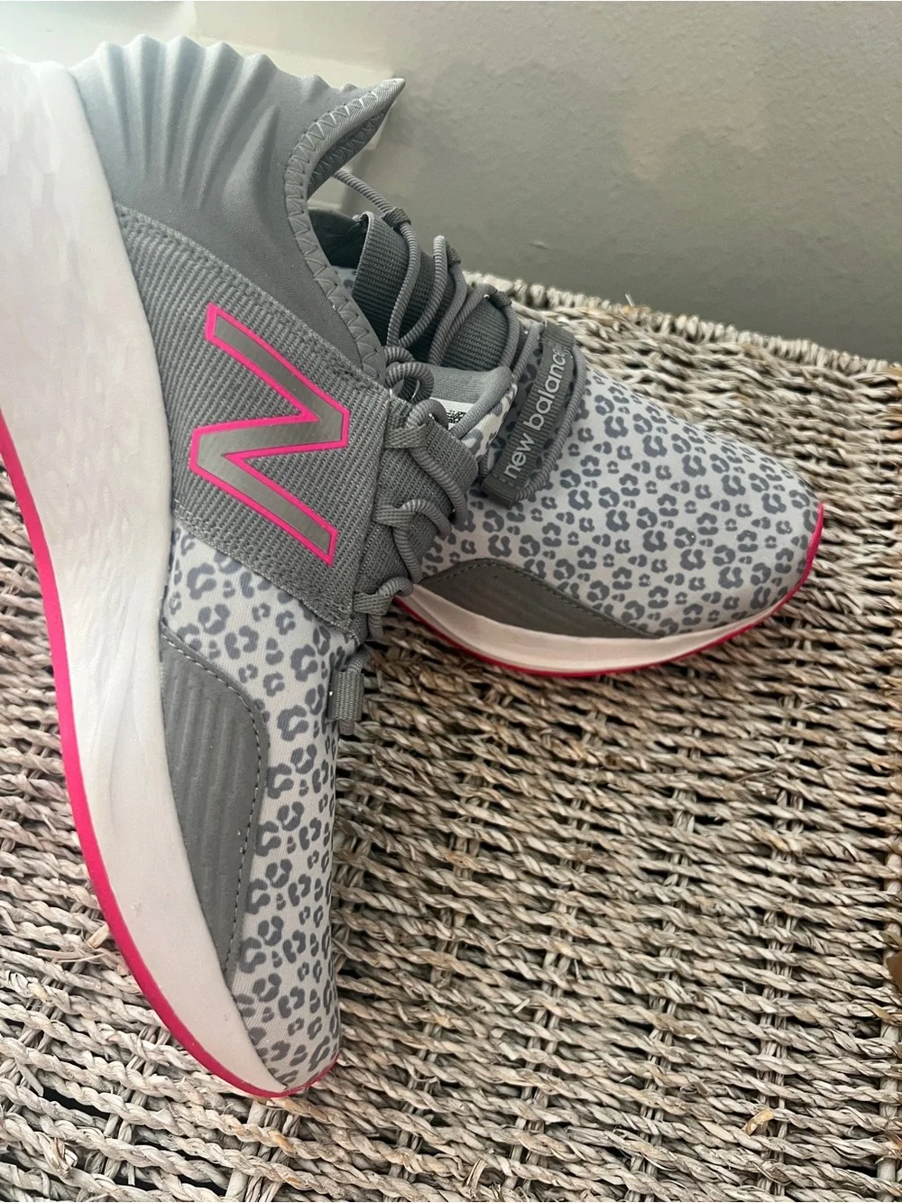 New Balance Women's Gray Sneakers with Pink Logo & Leopard Print